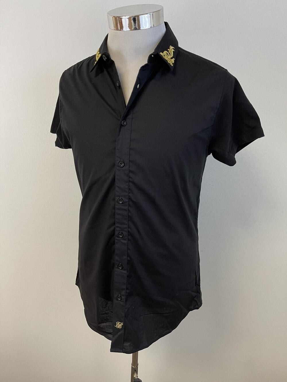 Sik Silk Mens Shirt Small Button Up Embroidered Black Short Sleeve Siksilk N18